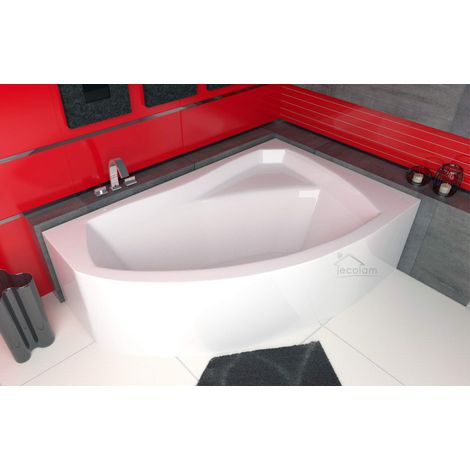 ECOLAM Badewanne Eckbadewanne 140x90 cm RECHTS Rima weiß Acryl + Schürze Ablaufgarnitur Füße Silikon Komplett-Set modernes Design