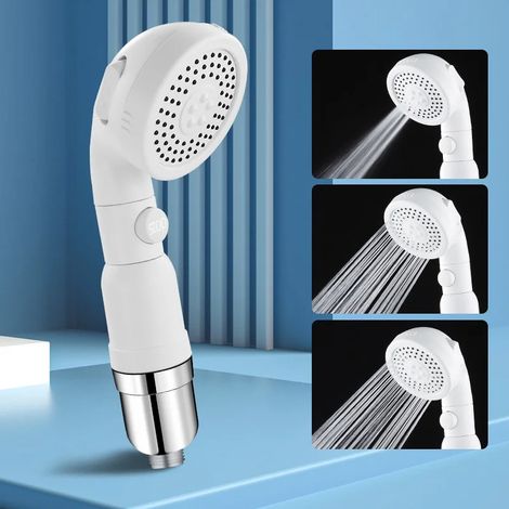 Pommeau de douche (blanc) à trois modes : arrêt par simple pression d’un bouton et sélection du jet d’eau bicolore
