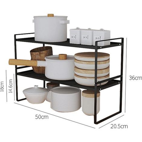 Scaffale da cucina a due livelli, robusto e durevole, in acciaio al carbonio, nero, per una conservazione efficiente, 51x21x36,8 cm (1/3)