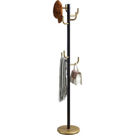 Idimex – Portemanteau sur pied 8 crochets – Métal laqué noir et or – Socle rond 30 cm – Dimensions 174 x 30 x 30 cm