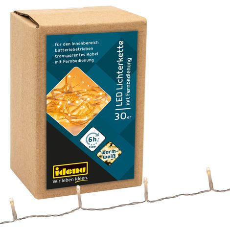 Idena 31602 - Catena luminosa a LED con 30 LED in bianco caldo, con funzione timer 6 ore e telecomando, a batteria, lunga circa 1,75 m, per interni, per feste, Natale, decorazione, matrimonio (1/4)