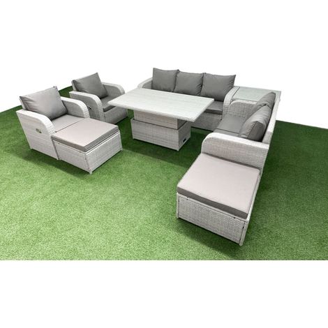 Fimous PE Rattan Garden Furniture Set Reclining Chair Sofa Double Love Seat 2 Seater Sofa Lounge Set Adjustable Lifting Dining or Coffee Table 2 Big Footstool Side Table Light Grey (1/4)