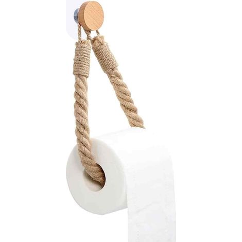 Support Papier Toilette - Bois Naturel - Fixation Par Corde Sans Perçage - Style Vintage Bohème - Pour Salle De Bain Et WC - 1 Pièce (1/5)