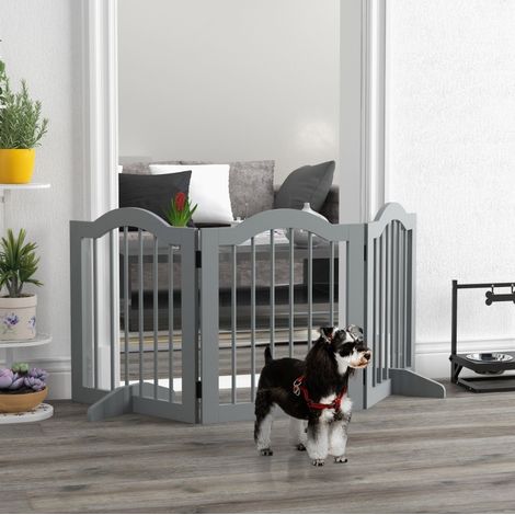 Barriera per cani pieghevole 154,5 x 61 cm in legno grigio chiaro con porta - MEUBLIV (1/5)