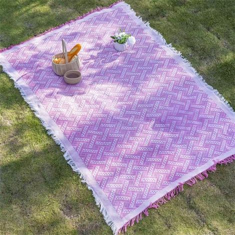 Couverture de pique-nique extra large 177,8 x 177,8 cm pour 5 à 7 adultes. Idéale pour camping, pelouse, parc et plage. Cadeau pour couples et mariage. Motif quadrillage en T rose. (1/5)