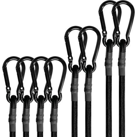 Lot de 8 élastiques de fixation avec mousquetons, résistants, sangles élastiques noires pour extérieur, cordons élastiques de qualité industrielle pour fixer bâches, bagages, tentes et vélos, dimensio (1/4)