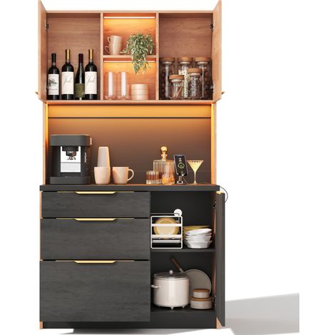 Armoire haute de cuisine élégante 100 × 40 × 180 cm, aspect béton, plan de travail noir, éclairage LED réglable, prise conforme aux normes européennes, adaptée aux cuisines, salons, appartements, etc. (1/5)
