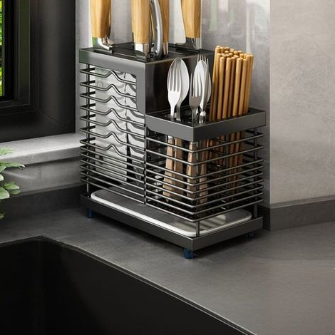 Porte-couteaux en acier inoxydable 304 Porte-couteaux de comptoir de cuisine + Porte-baguettes Noir 2412.722.8 cm (1/5)