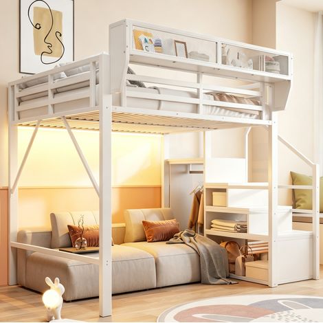 Letto a soppalco 140x200 cm bianco in metallo con LED e scala di sicurezza (1/5)