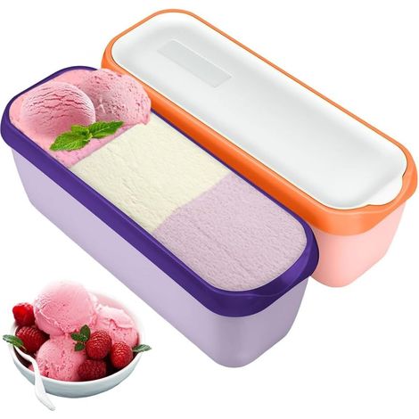 Lot de 2 bacs à glace pour crème glacée faite maison - 1,5 l - Avec couvercle - Sans BPA - Qualité alimentaire - Orange + violet (1/5)