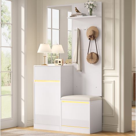 Garderoba da ingresso 105x38x190 cm, con scarpiera, panca, specchio e LED, struttura 3D, MDF e truciolare bianco (1/5)