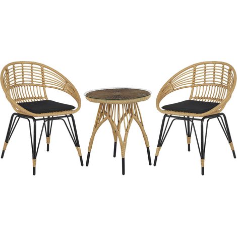 Set Bistro da Esterno in Polirattan e Metallo a 2 Posti con Tavolino color Legno Chiaro e Nero Pellaro