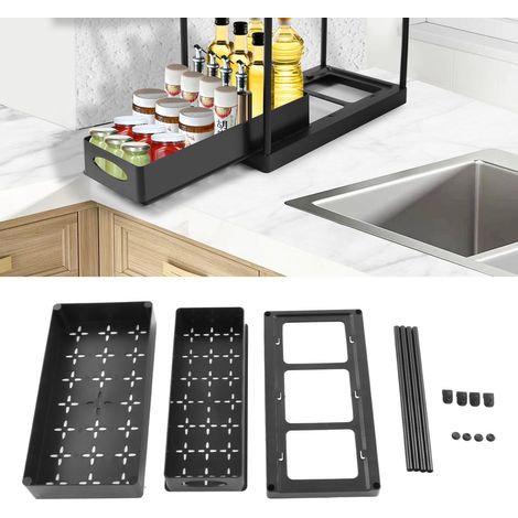 Einlagiger, verschiebbarer PP-Arbeitsplattenorganizer für Spüle, Küchen- und Badezimmer-Kosmetikablage, schwarz. (1/5)