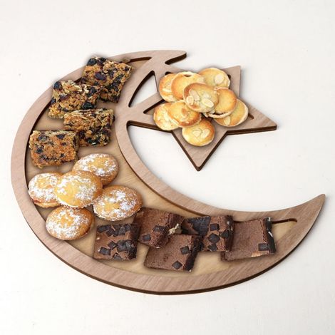 Plateau En Bois - Forme Lune Étoile - Pour Service Table - Décoration Ramadan Eid Mubarak - 1 Pièce (1/4)