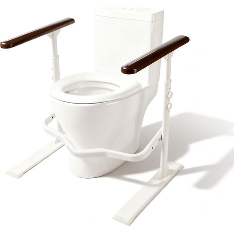 Cadres de Sécurité pour Toilettes, Cadre WC avec 3 Niveaux de Hauteur 61–66 cm, Réglage de Profondeur 3 Trous, Aide au Lever, Accoudoirs en Bois, Base Étanche et Luminescente, Charge 159 kg (1/5)