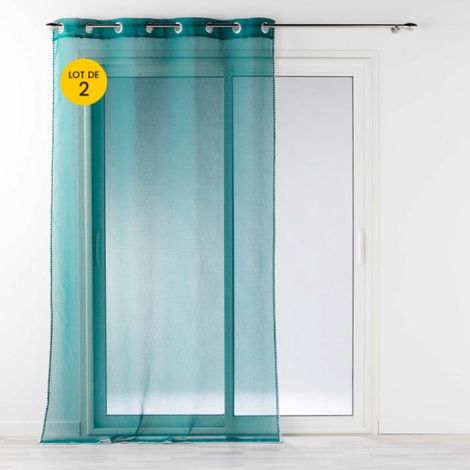 Lot de 2 Voilages à oeillets 140 x 240 cm liseré blanc Louise Pétrole (1/5)