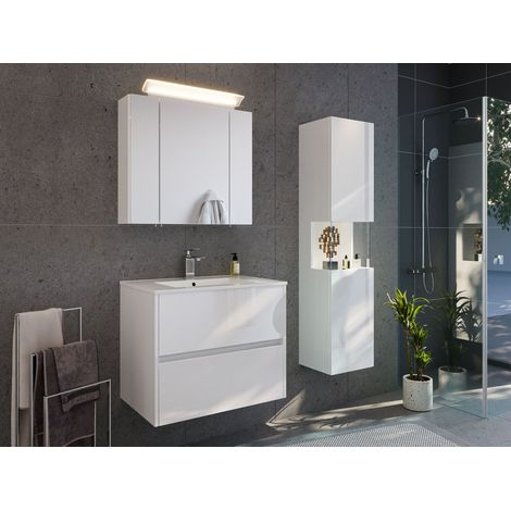 Badmöbelset Taifun 70cm 3tlg mit Spiegelschrank und Seitenschrank weiß Hgl (1/5)