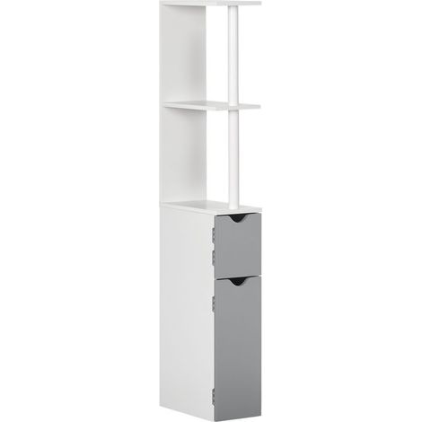 Column of bathroom with 2 shelves and 2 cabinets, in wood, 15,2 x 29,8 x 118 cm, white and gray (1/5)
