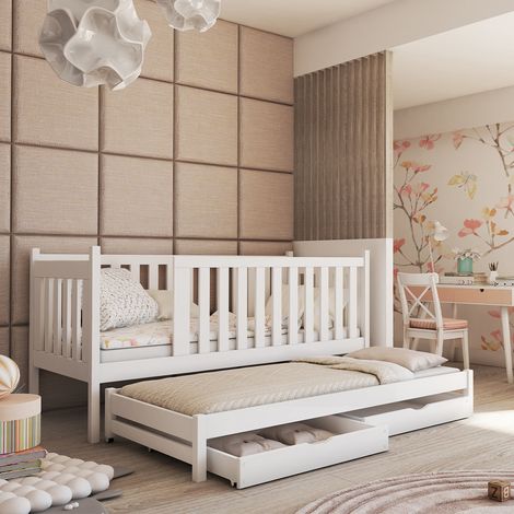 Bett 90x200 inkl. Bettkasten Ausziehbett und Schubladen Remy Weiß
