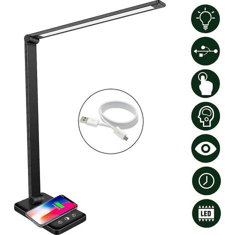 1 Lampe de bureau LED, commande tactile, 5 températures de couleur, charge sans fil et USB, bras flexible, pour lecture et travail (1/5)