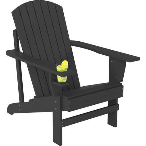 Schwarzer Adirondack-Stuhl aus Massivholz mit Getränkehalter für Garten, Balkon und Terrasse – 72 x 95 x 93 cm