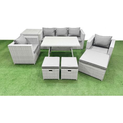 Fimous 9 Pieces Outdoor PE Rattan Sofa Armchair Set Patio Garden Furniture Sets with Cushions Side Table 3 Stools Light Grey (1/4)