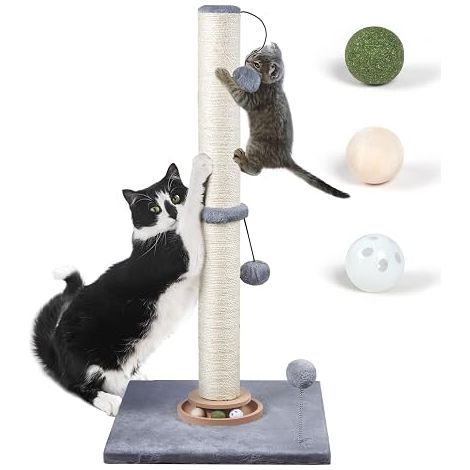 Catnip Sisal Scratching Post 78 cm Grey Interactive scratching post kittens large cats Catnip balls included Sturdy sisal rope Stable base (1/5)