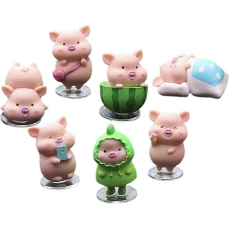 Lot de 7 figurines de cochons miniatures, ornements pour tableau de bord de voiture, statues d'animaux mignons en résine, style dessin animé, pour la décoration de table et de maison.-without Mat (1/5)