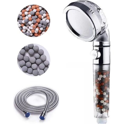 Pommeau de douche anticalcaire avec flexible de 1,5 m et filtre à pression économique en eau - Système de filtration à trois niveaux avec 3 sachets de billes minérales (1/5)