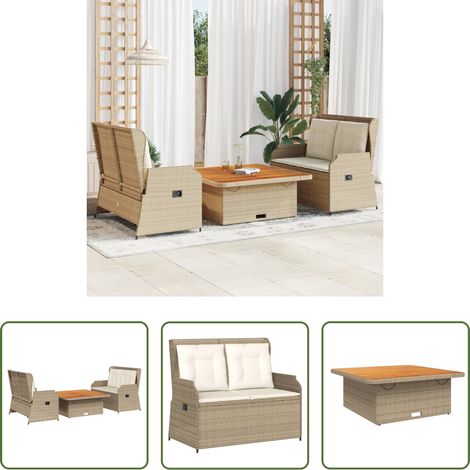 Gartentisch -  3-tlg. Garten-Lounge-Set mit Kissen Beige Poly Rattan (1/5)