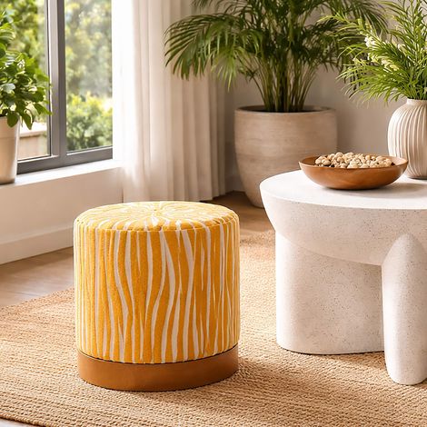Puf Faleli, Efecto Cebra, Forma Redonda, Estructura Color Oro, 41x42x41h cm Amarillo Mostaza (1/5)