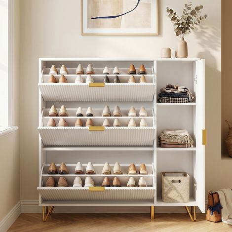Meuble à chaussures 110x24x118,5 cm, armoire d'entrée avec abattants double couche et étagères réglables, anti-basculement, en Bois et pieds en métal, style moderne, Blanc (1/5)