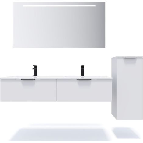 Meuble de salle de bain suspendu double vasque intégrée 140cm 2 tiroirs Blanc + miroir + colonne ouverture droite - Soho (1/5)
