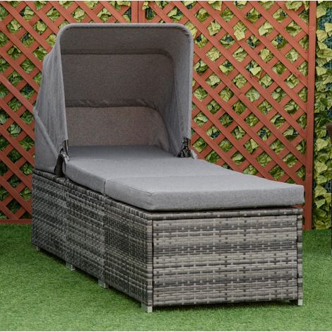 MEUBLIV Sonnenliege aus grauem Polyrattan mit verstellbarem Sonnendach und Kissen (1/5)