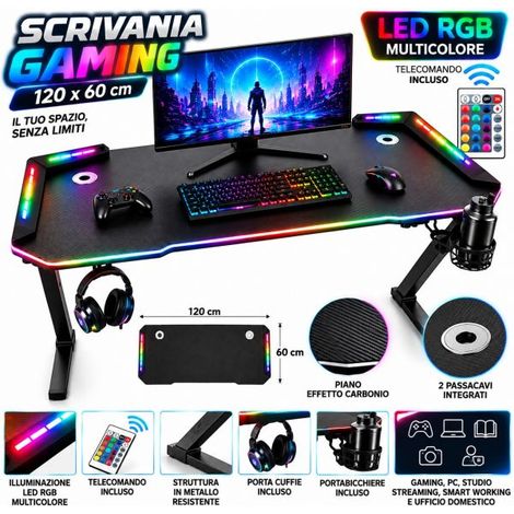 Scrivania Gaming con LED RGB 120x60cm Tavolo PC Porta Cuffie Bevanda Passacavi (1/5)