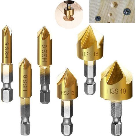 CCYKXA 6Pcs 1/4" Hex HCS Countersink Bit 5 Flute Countersink Drill Bits Countersink Bit 6mm/8mm/9mm/12mm/16mm/19mm For Wood Metal