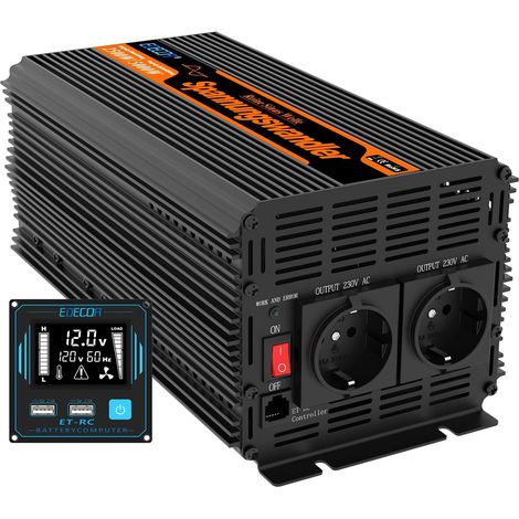 Edecoa – Convertisseur de tension 12V à 220V 3000W – Onde sinusoïdale modifiée – Télécommande et 2 ports USB – Compatible panneaux solaires