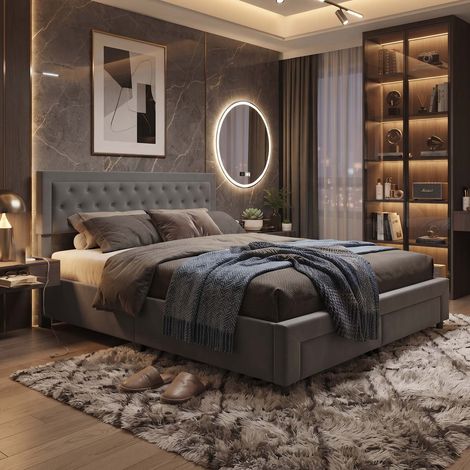 Creahappy Lit Coffre Double 160x200 cm avec Tiroir de Rangement - Gain de Place - Tissu Velours Capitonné Élégant - Gris (1/5)