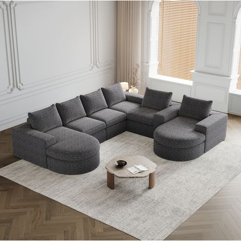 Canapé d'angle panoramique 6 places – canapé compressé modulaire – combinaison libre – sans assemblage – tissu chenille gris (1/5)