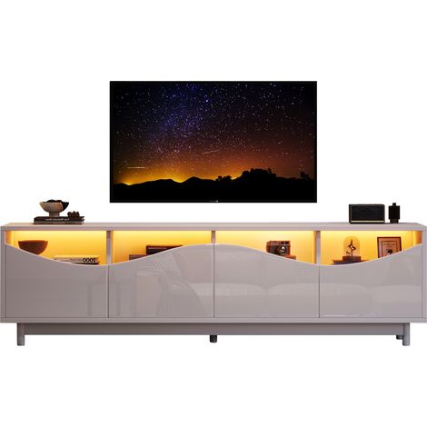 Meuble TV blanc brillant avec LED, design courbé, portes en verre trempé, rangement sans poignées pour salon et chambre, 175 cm, effet moderne - CHICFURN (1/5)