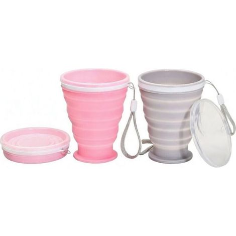 Gobelets pliables en silicone pour le camping et les voyages, petits gobelets portables avec couvercle, réutilisables pour les activités de plein air et la randonnée, 300 ml (rose/gris, lot de 2) (1/5)