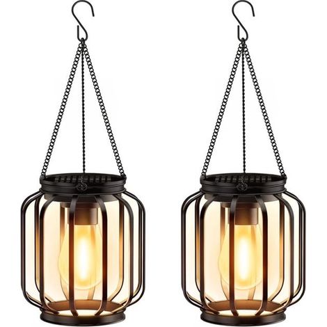 Faroles solares colgantes para exteriores – Juego de 2 luces de jardín de metal negras IP65 (1/5)