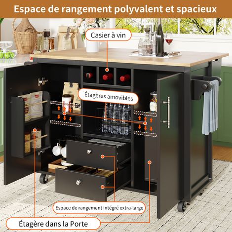 Îlot de cuisine buffet 120×73 (45)×92cm, plan rabattable, porte-serviettes, étagère à épices, casier à bouteilles, étagères réglables, blanc/noir (1/5)