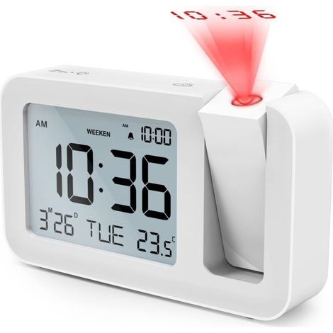 Horloge Digitale, Ulisem Réveil Projecteur Plafond, Réveil Numérique avec thermomètre d'intérieur à Projection à 180 °, 4 luminosités réglables, Réglage du Volume, réglage 12/24H