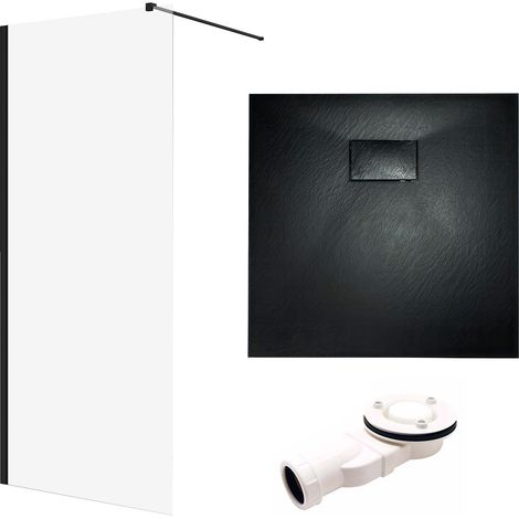 Set - Walk-In Dusche KETIL 90x198 Schwarz + Duschabtrennung 8 mm Glas + Duschwanne VIDAR 90x90 Schwarz SMC Quadratisch (1/5)