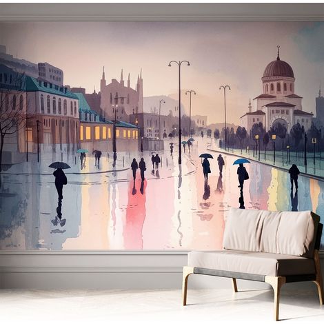 Papier peint adhésif décoratif avec colle pour salon chambre et bureau Installation rapide Promenade sous la pluie 312x219 cm (1/5)