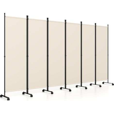 COSTWAY 331,5x173cm Paravent Intérieur 6 Panneaux à 14 roulettes, Cloison de Separation Interieur Pliable, Cadre en Metal, Tissu Polyester, Separateur de Pieces pour Salon Bureau Balcon (Beige) (1/5)