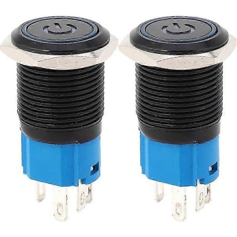 2x Schwarzer Metall-Selbstverriegelungsschalter IP65 mit LED-Anzeige und Symbol 16mm (Blau 220VAC) (1/4)
