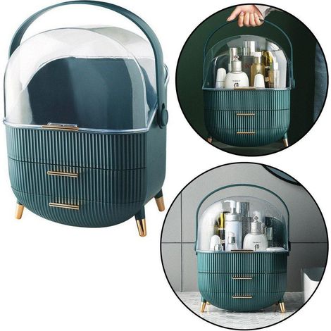 Organizador de cosméticos con tapa abatible, transparente, dos cajones, verde. (1/3)