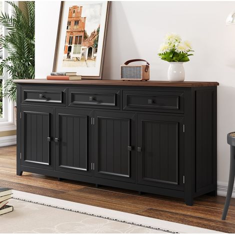 Buffet 160x35x76 cm en MDF noir, avec rangement gain de place pour salon, FloraGrace (1/5)
